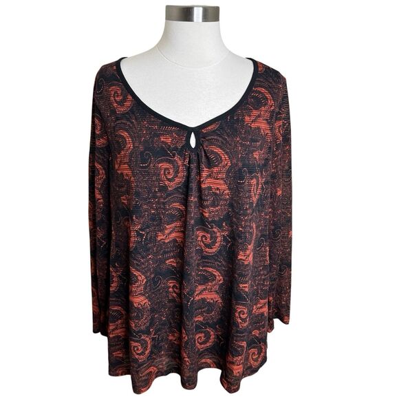 Susan Lawrence Top Womens 3X Red Black Geometric Keyhole Sheer Sleeve Whimsigoth - Picture 1 of 10